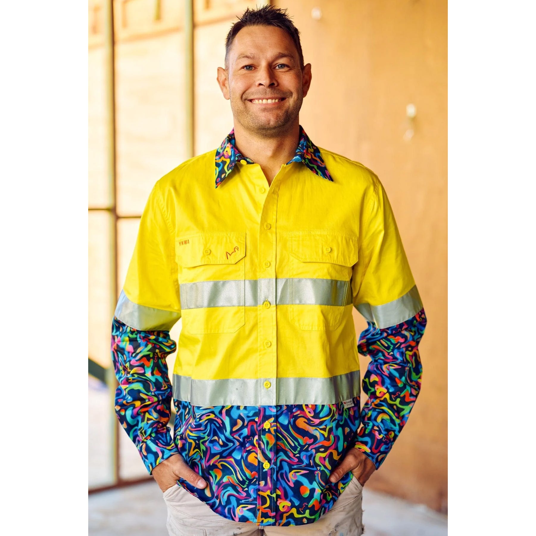 trademutt pearler yellow day night hi vis 2.0 full button work shirt