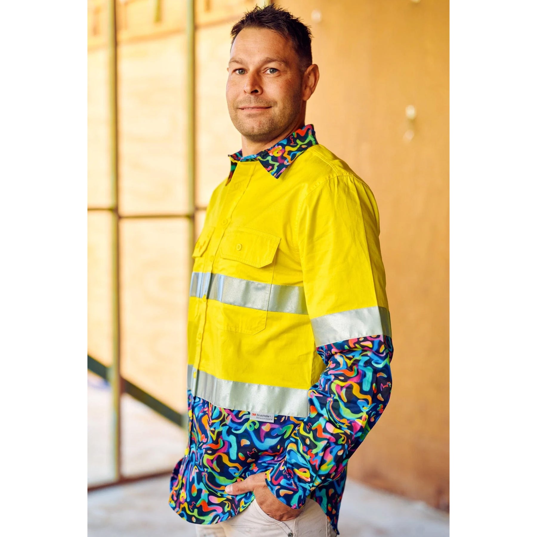 trademutt pearler yellow day night hi vis 2.0 full button work shirt