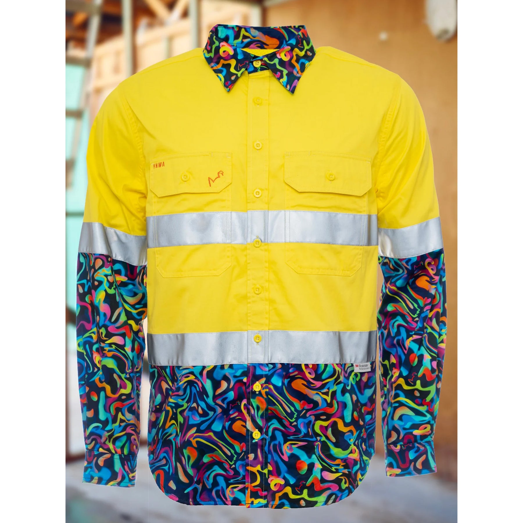 trademutt pearler yellow day night hi vis 2.0 full button work shirt