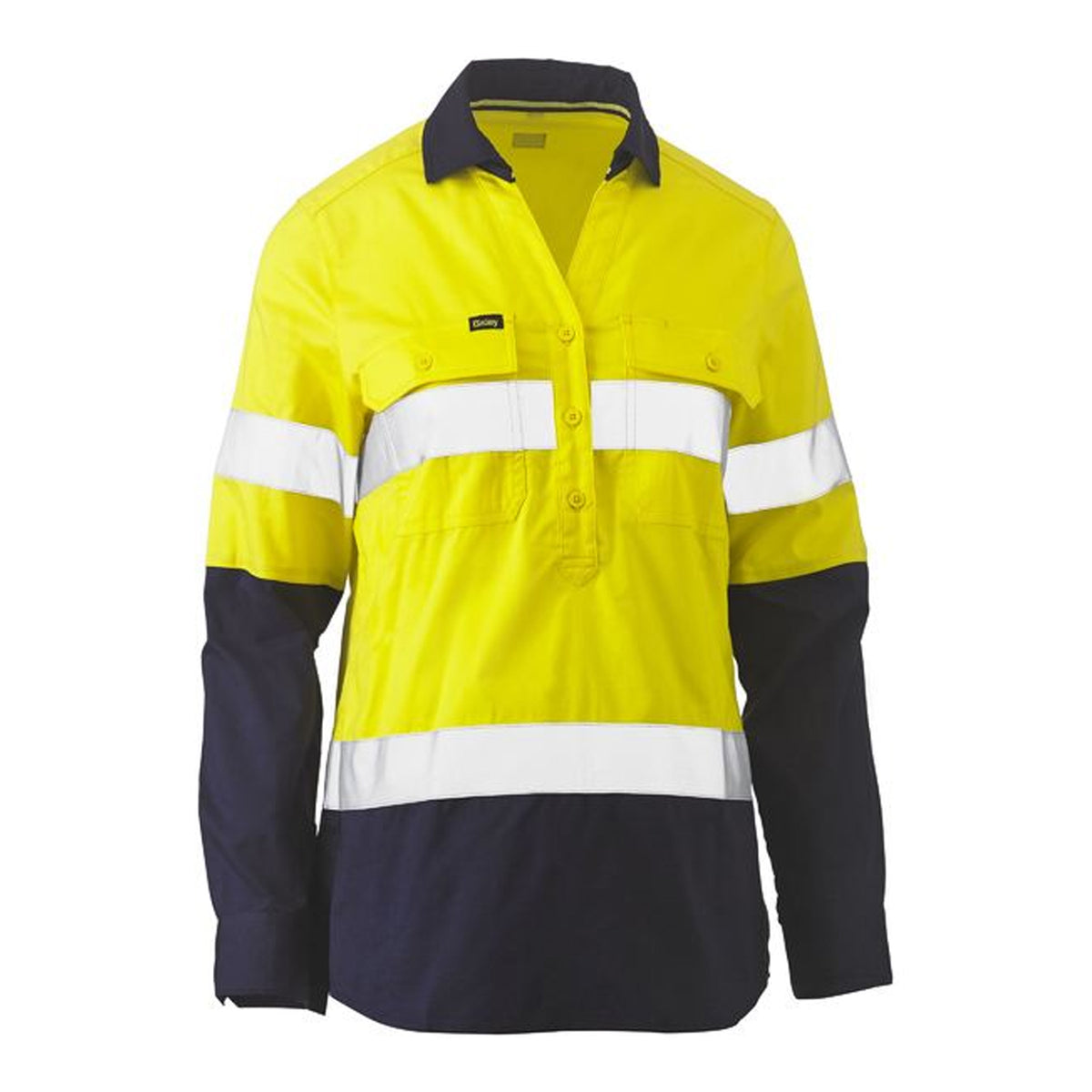 bisley womens taped hi vis stretch closed front shirt in yellow navy