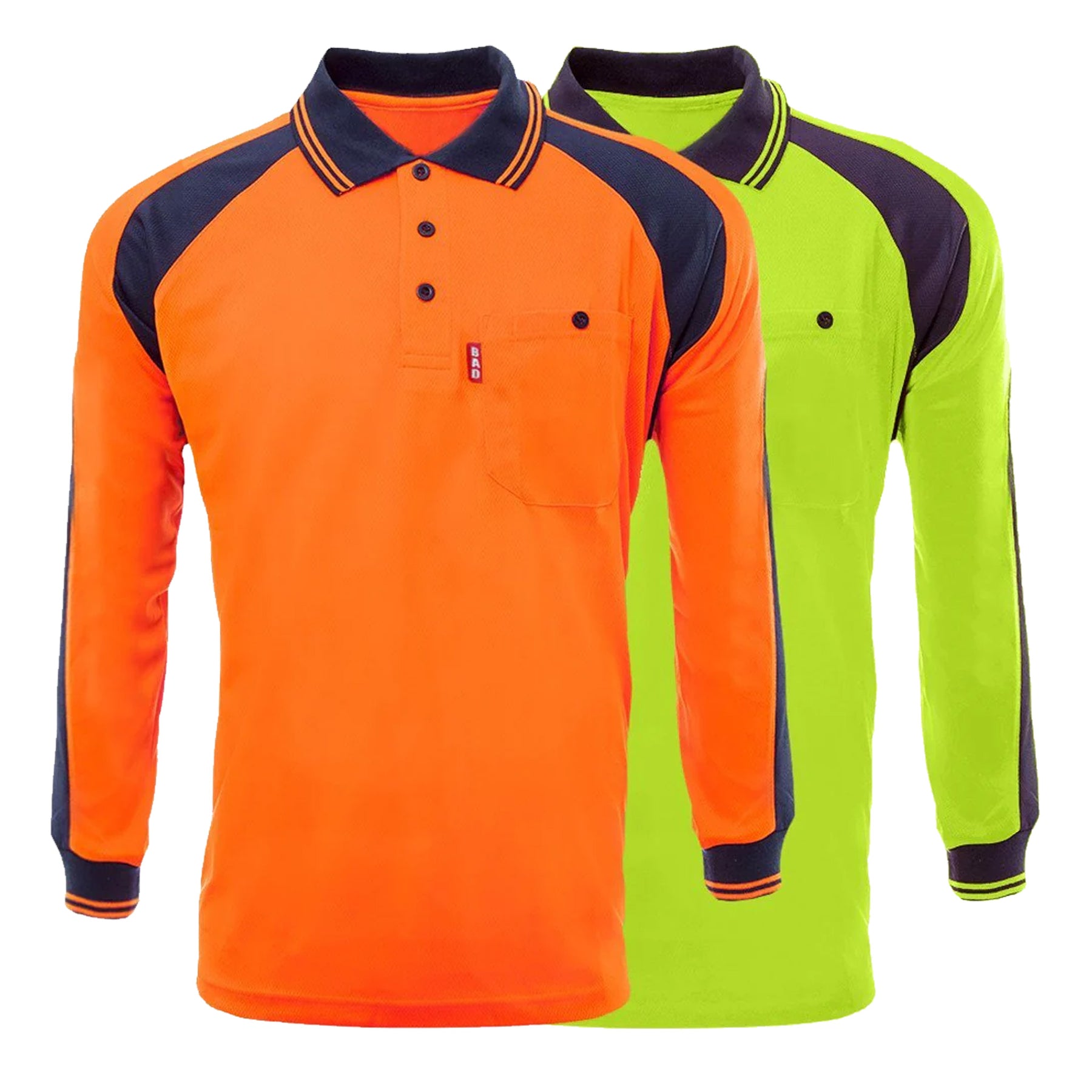 bad workwear hi vis long sleeve polo shirt in orange and yellow