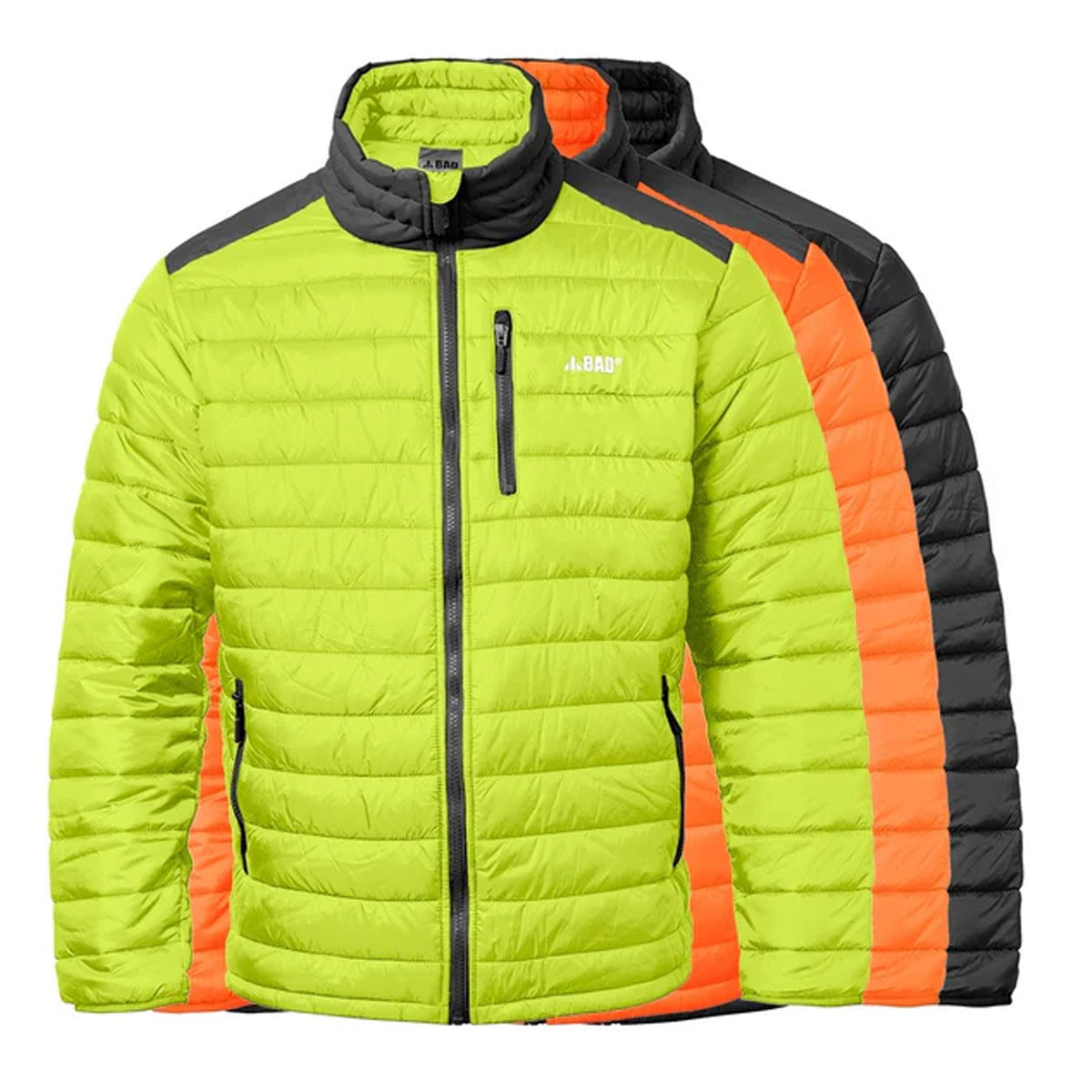 bad down puffer jacket in hi vis yellow and hi vis orange and black