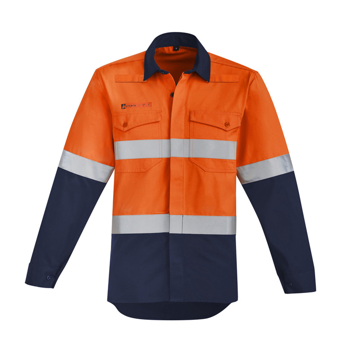 syzmik Orange Flame Hi Vis Open Front Spliced Shirt hoop taped in orange navy